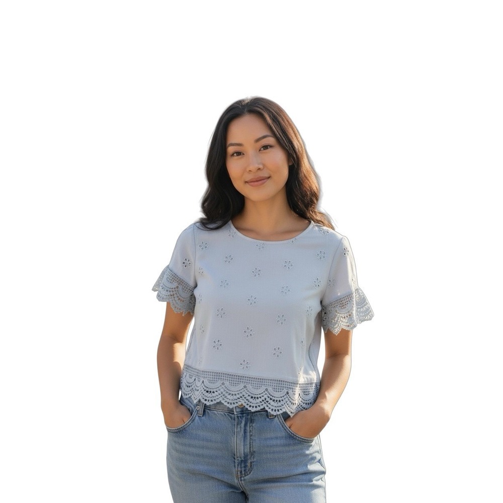 Hollister Women's Lace Trim Eyelet Top Light Blue Size Small